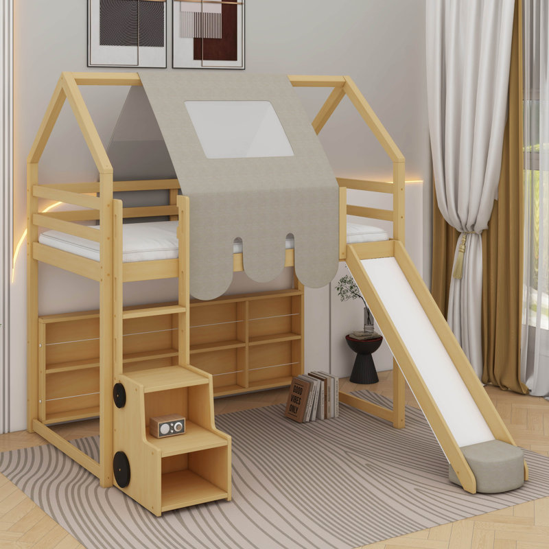 Lit mezzanine simple en bois avec tente, Naturel / Beige