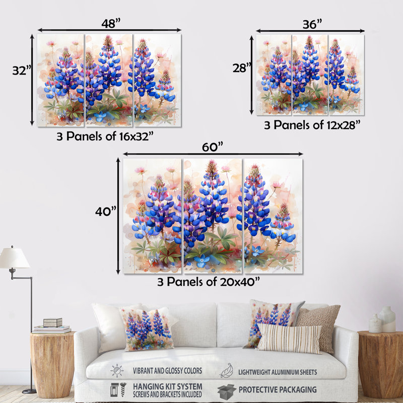 Bleu, rose, fleurs sauvages, Blue Bonnets Dreams II - Blue Bonnets, ensemble d'art mural, Sans cadre