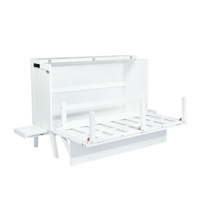 Lit escamotable avec port USB et tablettes amovibles de chaque côté, Full, Blanc