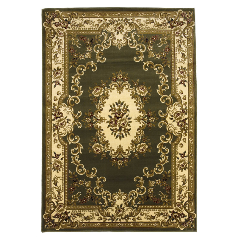 Barwin Floral Handmade Hand-Knotted Dark Green Area Rug, Rectangle 9'10" x 13'2"