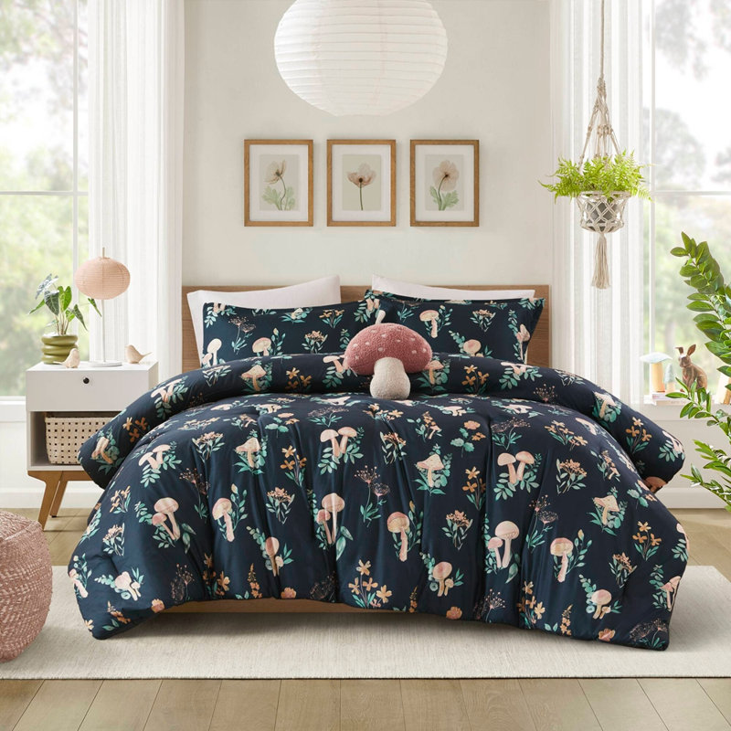 Ensemble d'édredon de jardin 4 pièces pour lit double / grand champignon, Queen Sheet Set With 2 Shams, Navy Floral