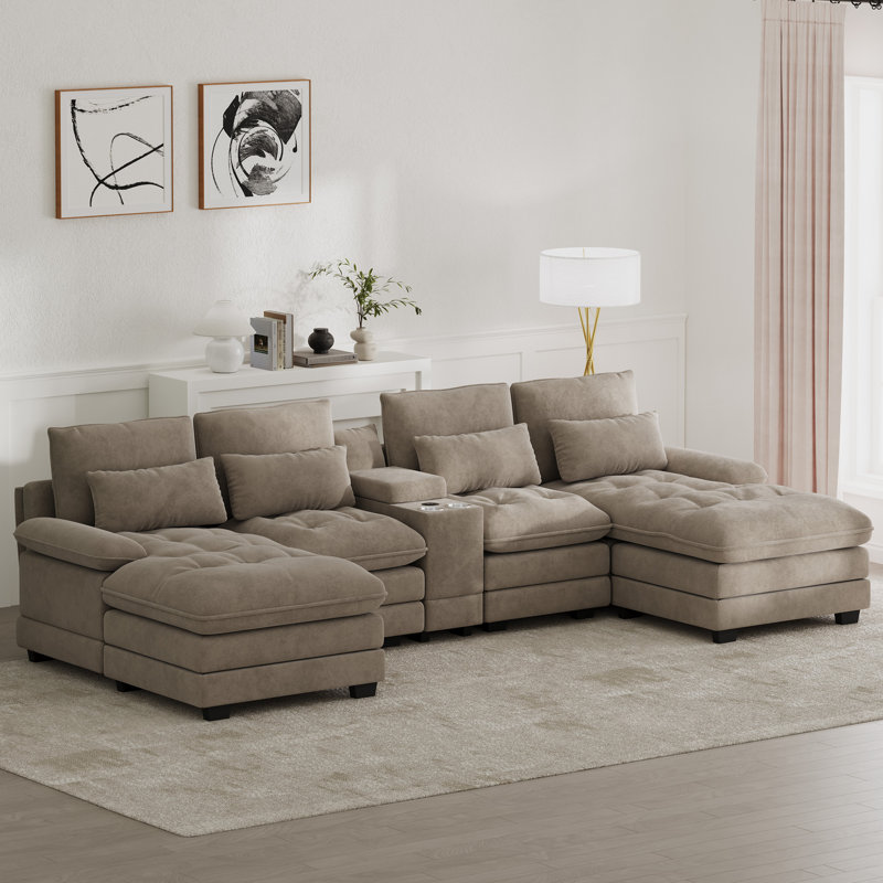 Oversized 130"W 4 Piece U-Shape Sectional With Console & Cup Holders, Light Brown