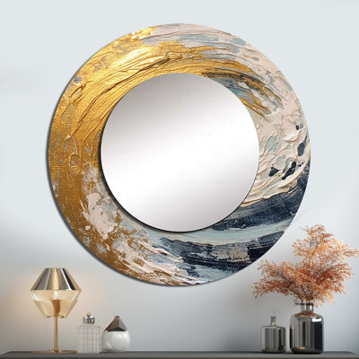 Or et nébuleuse spirale bleue - miroir décoratif abstrait spirales, miroir mural rond doré, impression d'art en métal