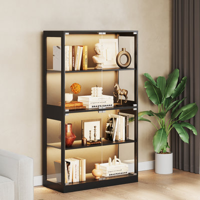Vitrine avec portes en verre, vitrine à 4 niveaux avec 3 lumières DEL de couleur, ports de charge