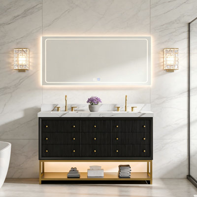 Celestia 60" Freestanding Solid Oak Double Sink Bathroom Vanity With Engineered Stone Top, LED Light & Gold Metal Frame