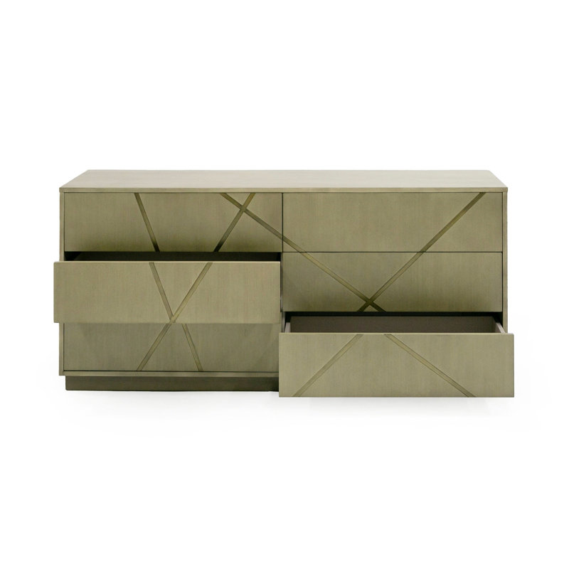 Commode Cid Ren, 6 tiroirs avec détails en X double, 66 po, placage de bouleau brun