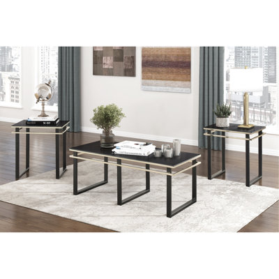 Tables de salon modernes 3 pièces: table basse et plateau en verre trempé noir avec structure en métal pour une décoration exquise