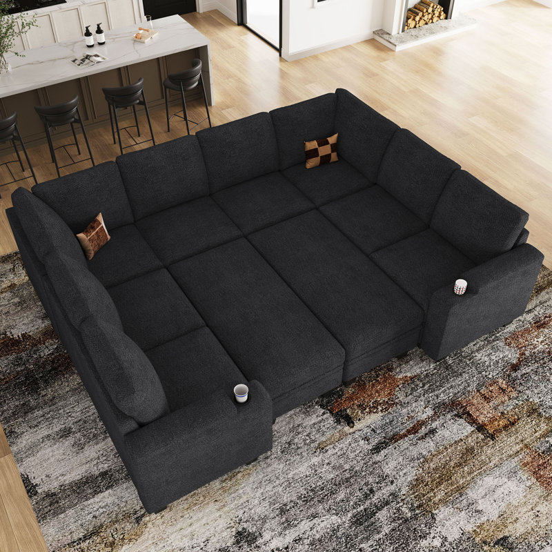 Canapé-lit modulaire en chenille avec rangement Anjanette, Chenille grise foncée