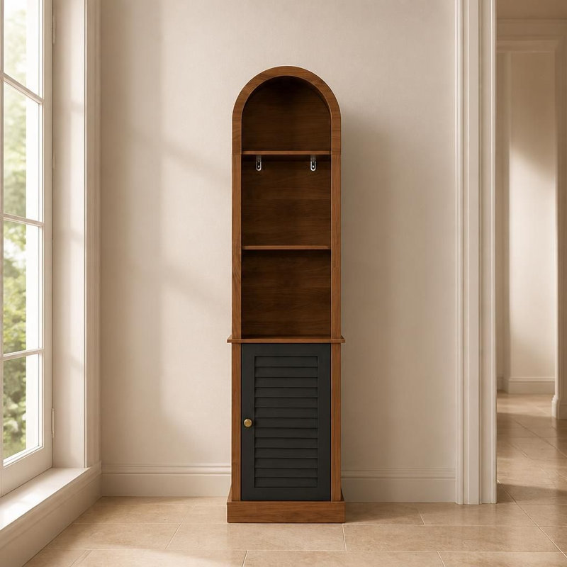 Armoire de rangement autoportante et arquée avec porte à volets, support de présentation en bois étroit avec tablettes ouvertes et compartiment caché, organisateur multifonctionnel