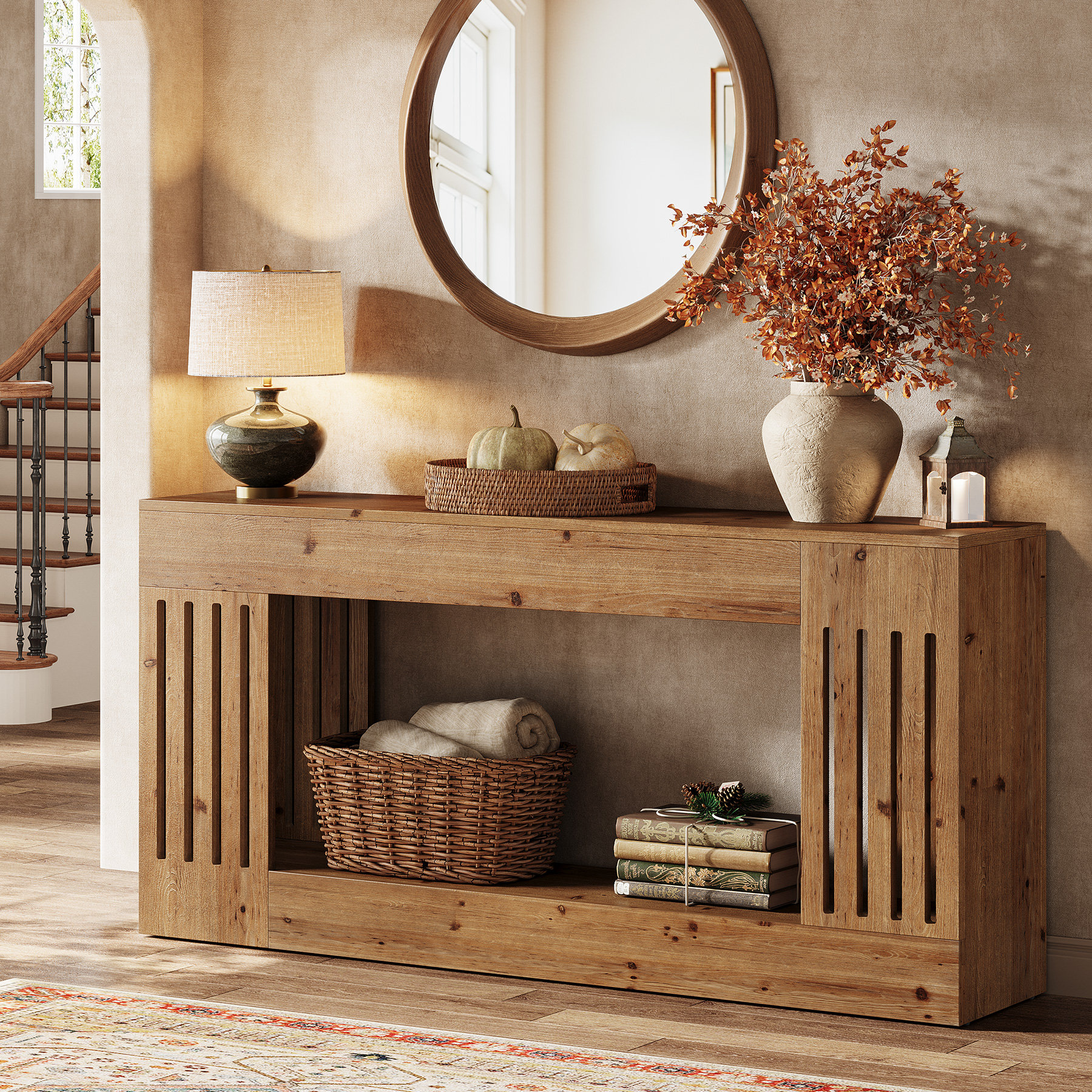 August Grove 63'' Solid Wood Farmhouse Sofa Table with Storage Shelf, 2 ...