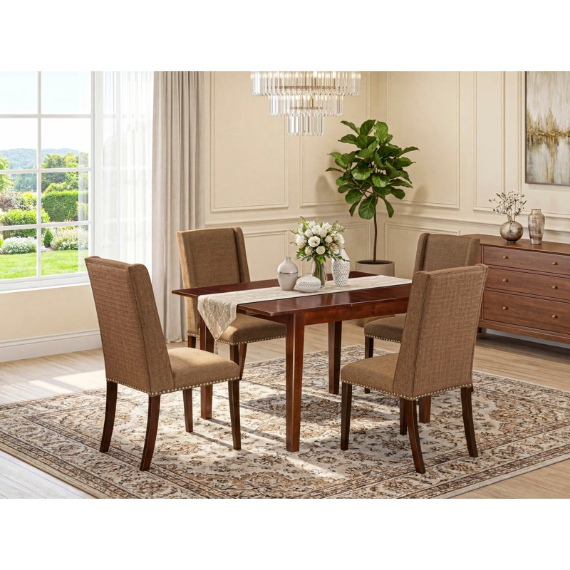 Ensemble de table de salle à manger 5 pièces comprenant une table de cuisine rectangulaire avec rallonge papillon et 4 chaises parsons en tissu brun, acajou