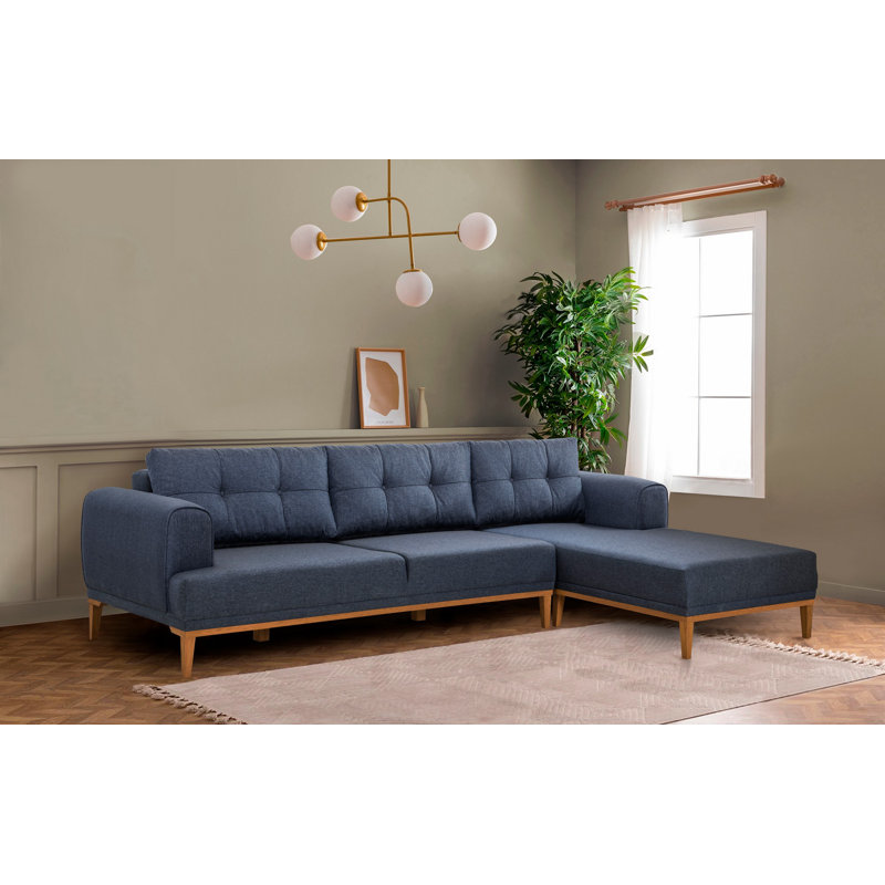 Canapé d’angle, Mélange de polyester bleu, Noyer