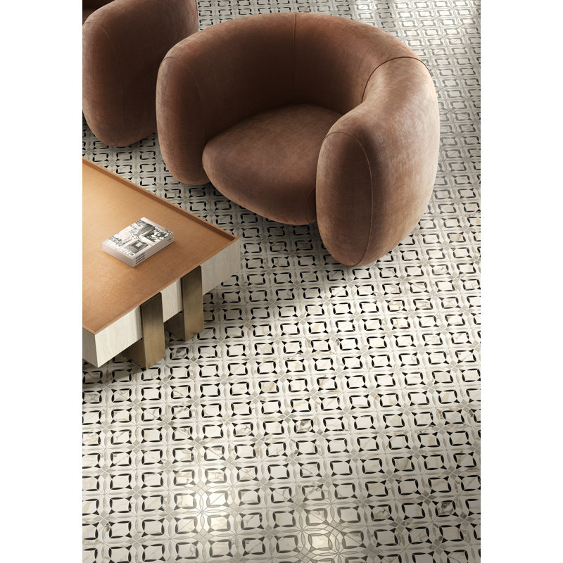 Ornato Halo 24x48 Beige & White Trellis Pattern Marble-Look Porcelain Wall and Floor Tile