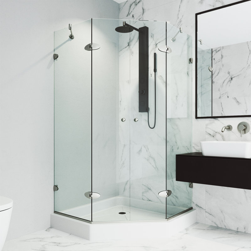 Cabine de douche à charnière sans cadre avec verre transparent de 3/8 po et base Gemini l 48 po x P 48 po x H 79 po