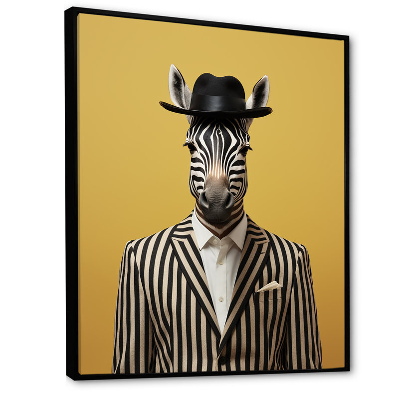 Chic Zebra suit - Art mural animal zèbre, H 40 po x l 30 po x P 1,5 po, Cadre flottant noir