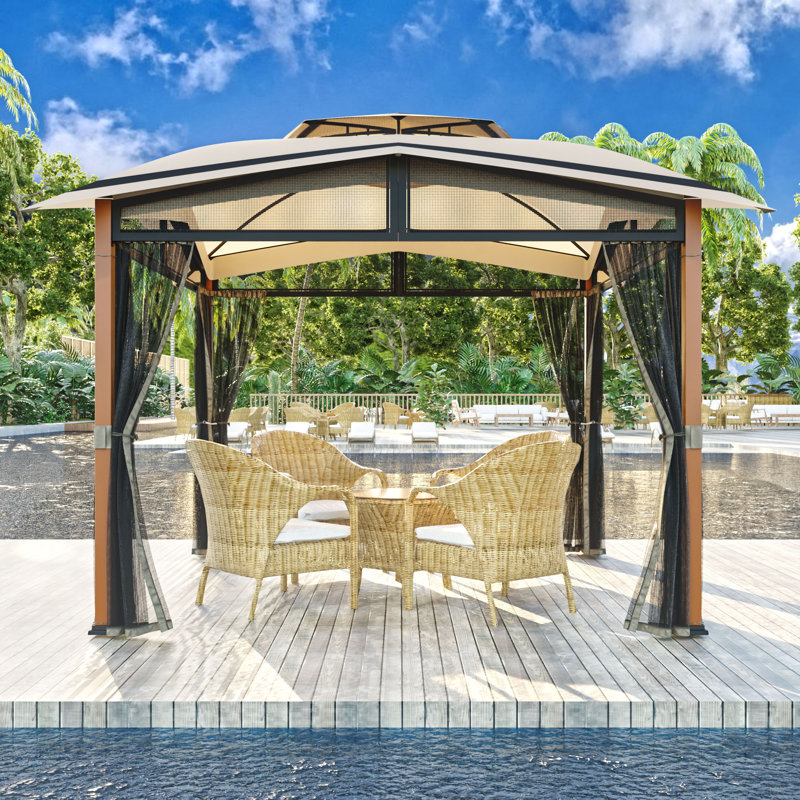 11 Ft. X 11 Ft. Octagon Gazebo With 2-tier Beige Canopy Roof, Steel Frame Soft Top Gazebo With Ceiling Hook And Mosquito Netting
