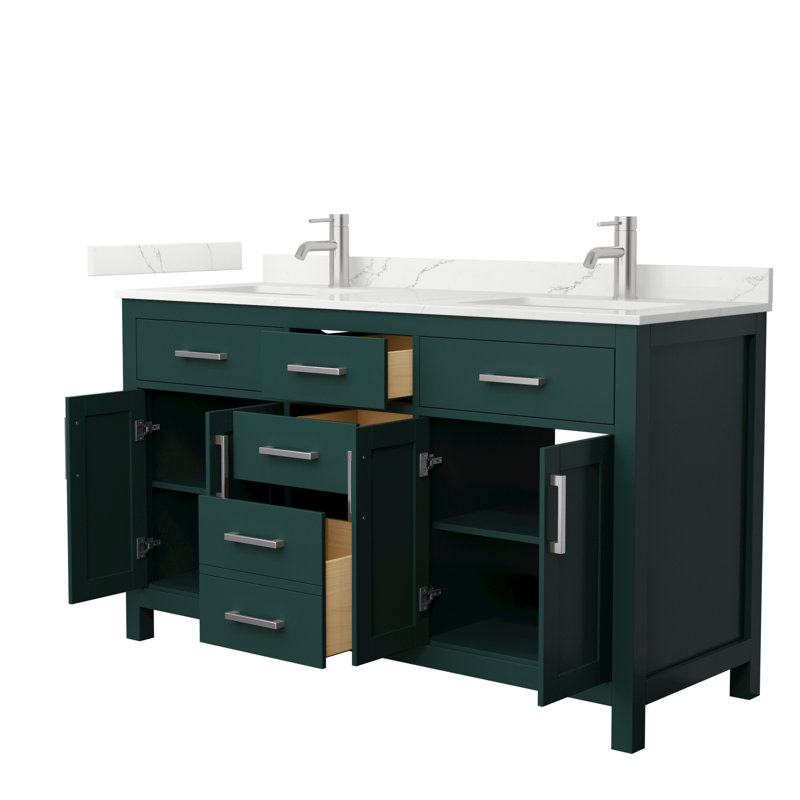 Beckett 60" Freestanding Double Bathroom Vanity with Quartz Top, Giotto Quartz, Brushed Nickel, Green