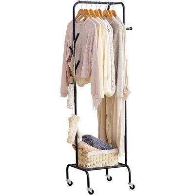Portemanteau roulant sur pied avec tablette de rangement - portemanteau avec 6 crochets pour le vestibule ou la chambre à coucher, porte-vêtements en métal pour chapeaux, vestes, sacs et chaussures (noir, monocouche)