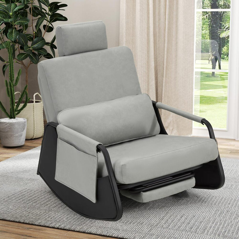 Rocking Chair With Retractable Footrest And Adjustable Backrest, Grey 