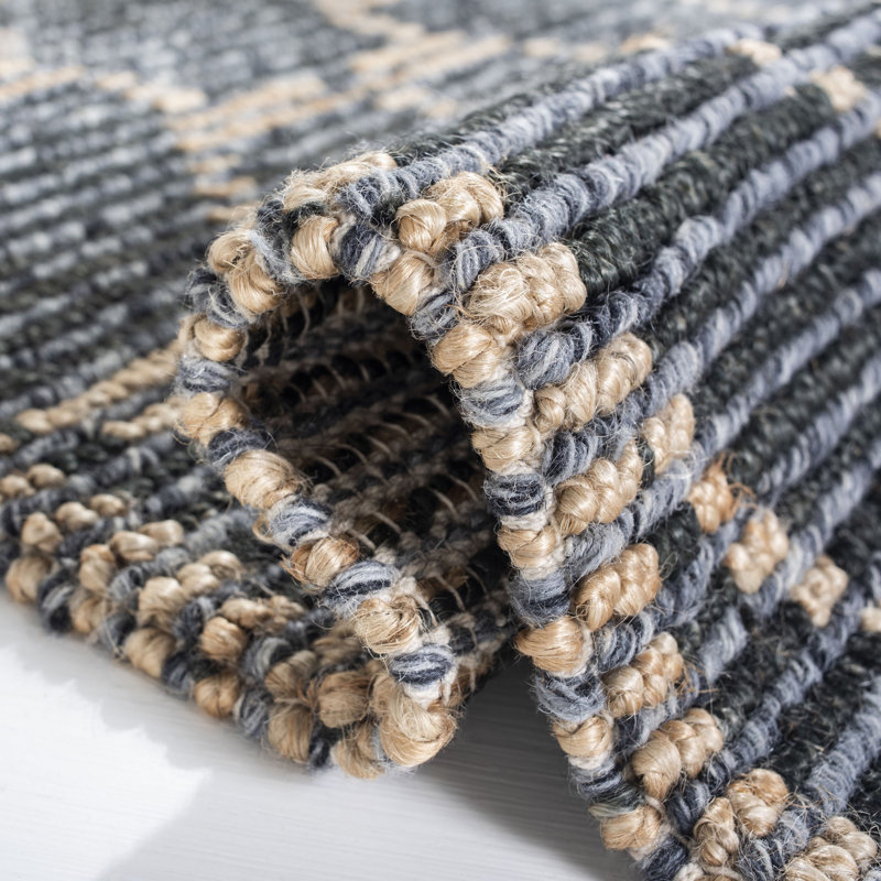 Mastin Natural Fiber Hand Woven Wool/Jute Geometric Rug in Beige/Charcoal, Rectangle 4' x 6'