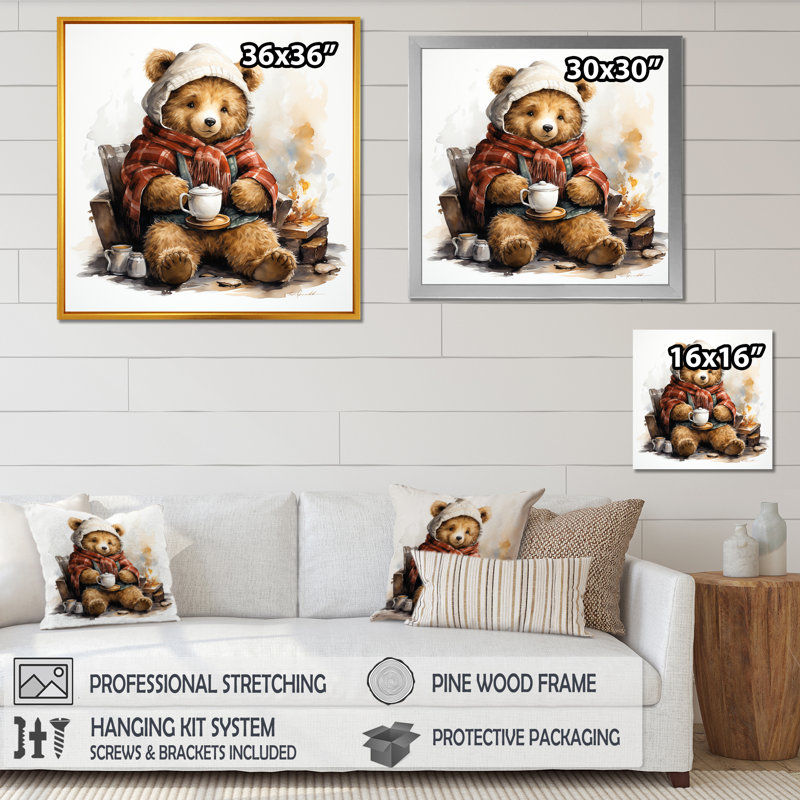 Cozy Teddy Bear chocolat en hiver I - art mural de l'ours en peluche, Cadre flottant noir, H 16 po x l 16 po x P 1 po