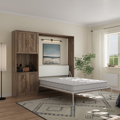 Queen Farmhouse Murphy Bed With 1 Storage Cabinets,space-saving Wall Bed For Multipurpose Room