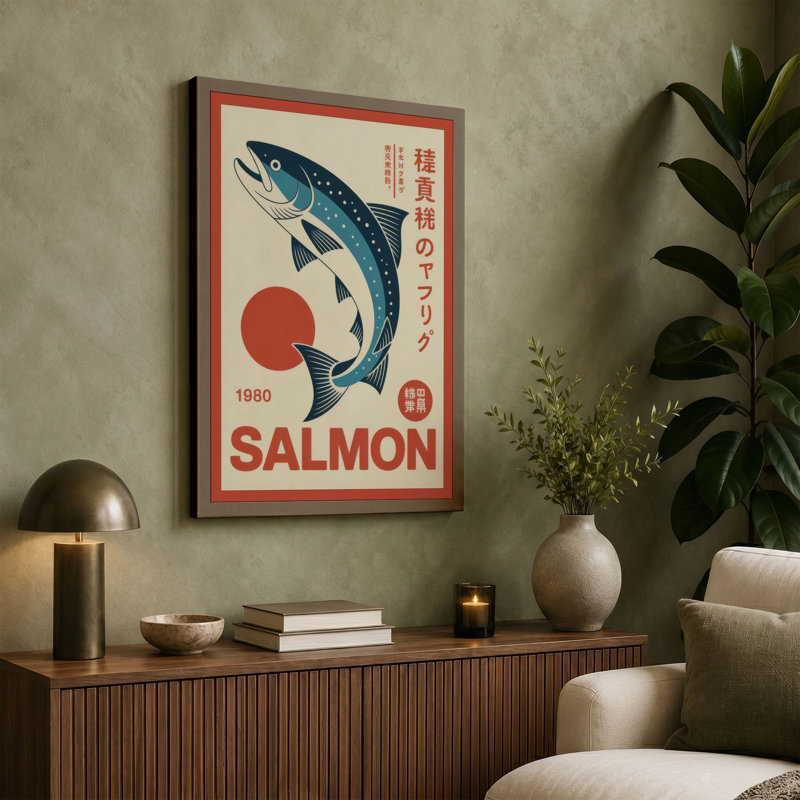 Leaping Salmon Art Deco - Wrapped Canvas, 24x16 - 61.0 x 40.6 cm, Terracotta Border