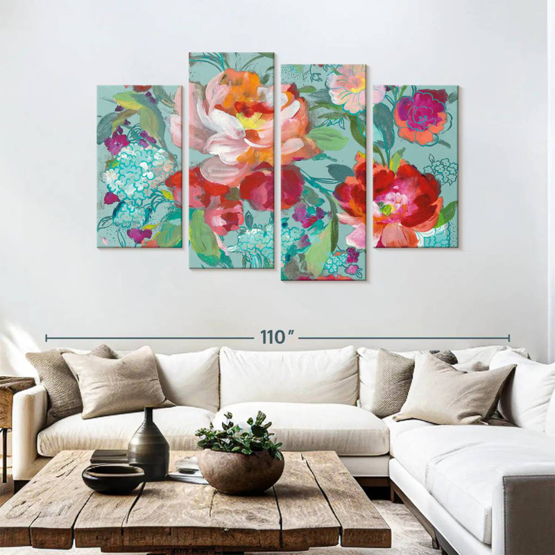 Mélange floral vif turquoise, H 54 po x l 84 po