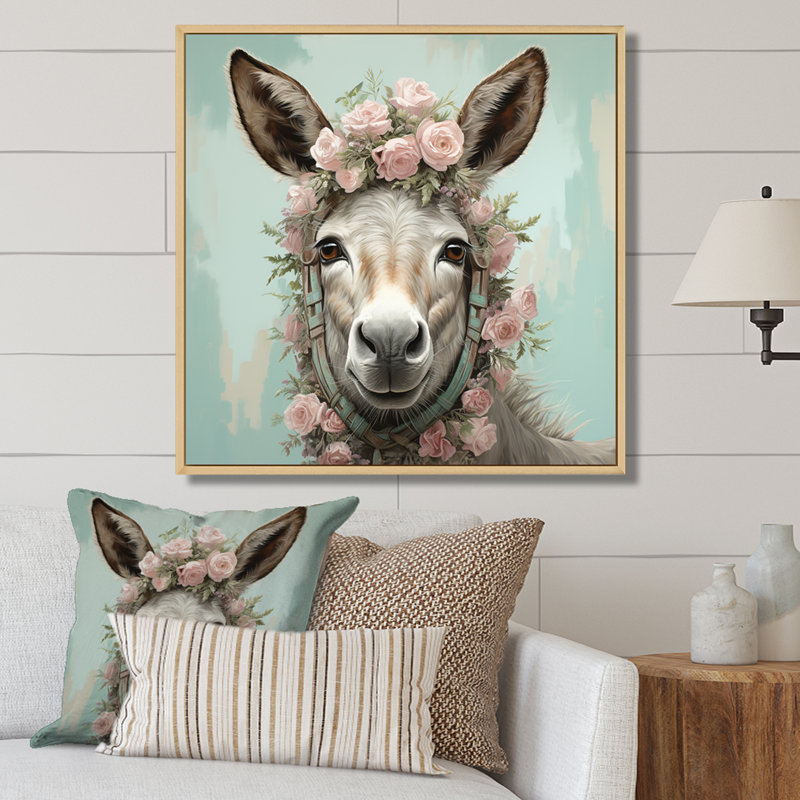 Adorable portrait floral d'âne - art mural d'âne, H 16 po x l 16 po x P 1 po, Cadre flottant brun