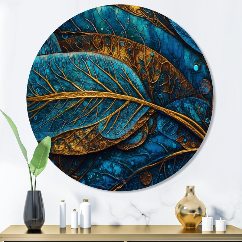 Art mural rond en métal bleu et doré, "Boho Feather", H 36 po x l 36 po x P 1 po