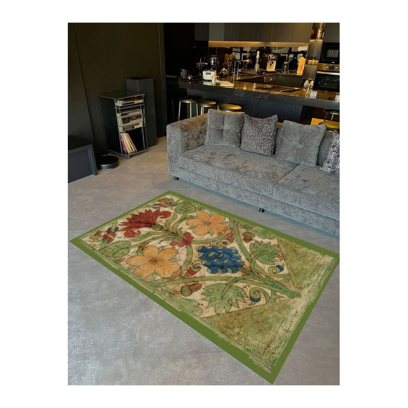 Tapis vert lavable à la machine à motif floral multicolore, Tapis de couloir 2 pi 6 po x 6 pi 7 po inclus