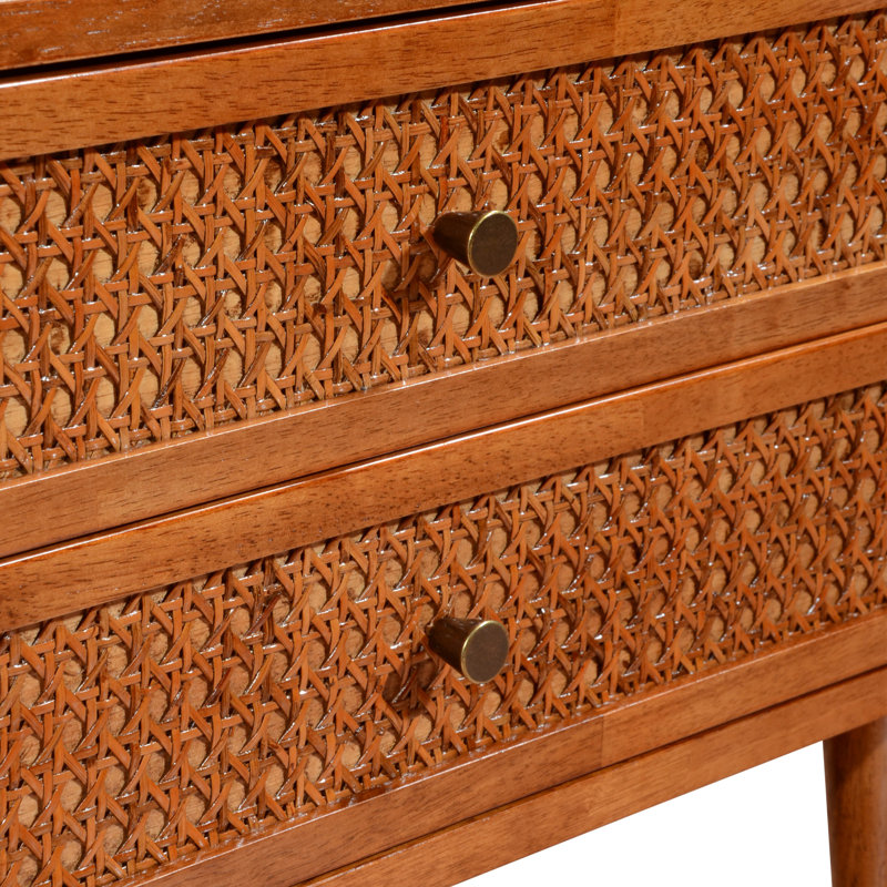 Ingraham 23.6" W Mid-Century Modern Solid Wood Cane 2-Drawer Nightstand & Open Shelf