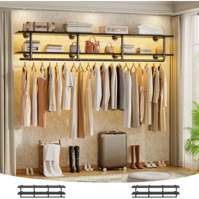 Industrial Pipe Clothes Rack with Top Shelf, 59" Wall Mounted Clothing Rack, 2-Tier Heavy Duty Garment Rack with Hanging Rod, Space-Saving Closet Organizer for Laundry Room, Bedroom, Black