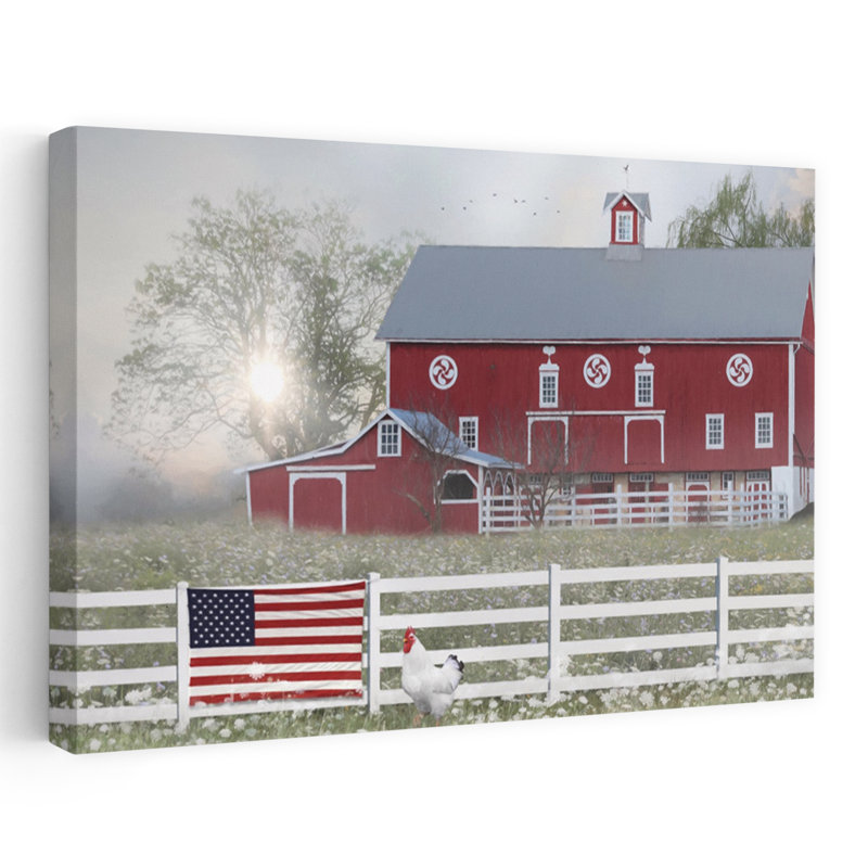«Patriotic Farm Abstract Contemporary Bird Landscape Summer Art», H 24 po x l 36 po