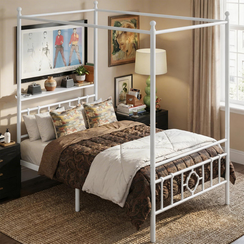 Metal Canopy Bed Frame With Storage Headboard And 4 Removable Posts, Twin, White