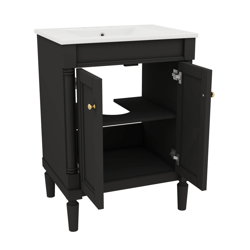 Meuble-lavabo contemporain de 24 po avec lavabo sur pied et armoire de rangement à deux niveaux, Noir, Doré