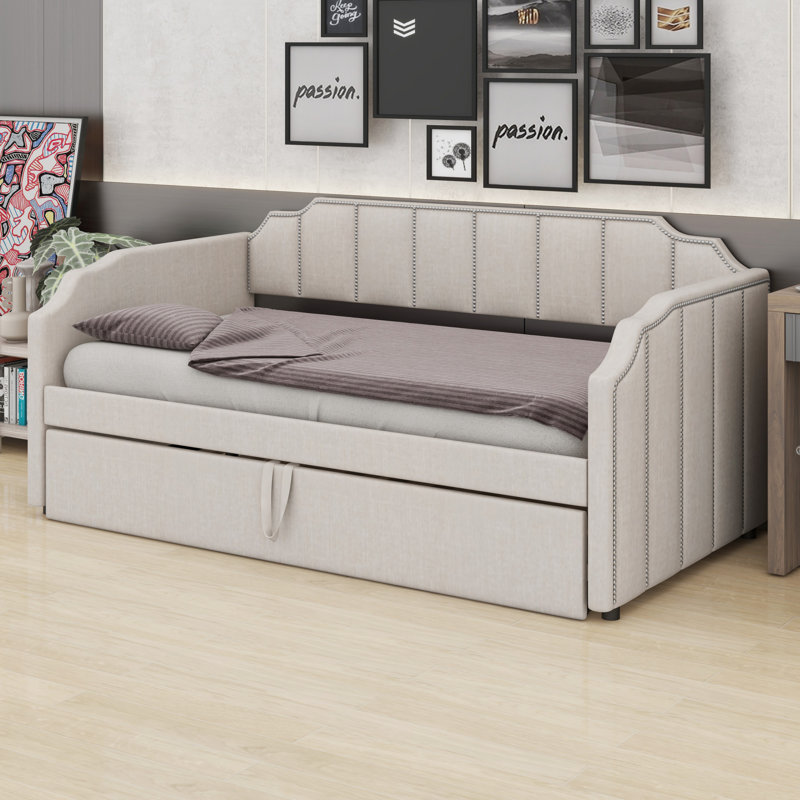 Stylish Upholstered Daybed with Pop-Up Trundle and USB Charging Function, Beige