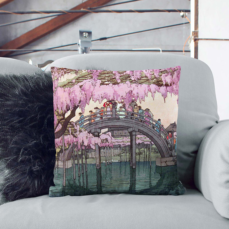 Drum Bridge At Kameido Shrine Square Throw Cushion, 40cm H x 40cm W x 15cm D