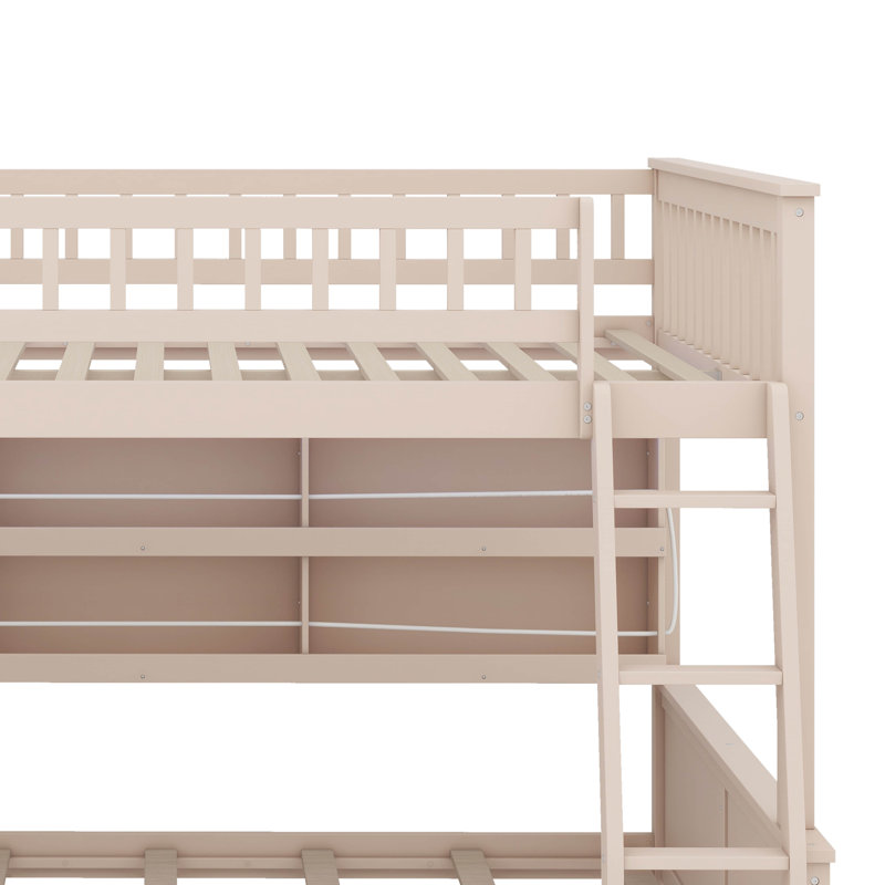 Full XL Over Queen Bunk Bed With Integrated Shelving, Adjustable Lighting And Perforated Panels, Beige, Full XL Over Queen