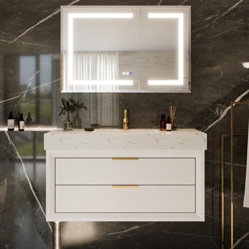 Meuble-lavabo mural moderne en bois massif 36 po avec comptoir en pierre et lumière DEL 36 po, Blanc