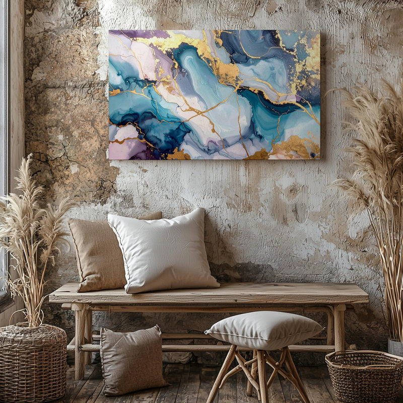 «Opulent Agate», art marbré sur toile avec des nuances métalliques dorées et bleues, art mural sur toile prêt à accrocher