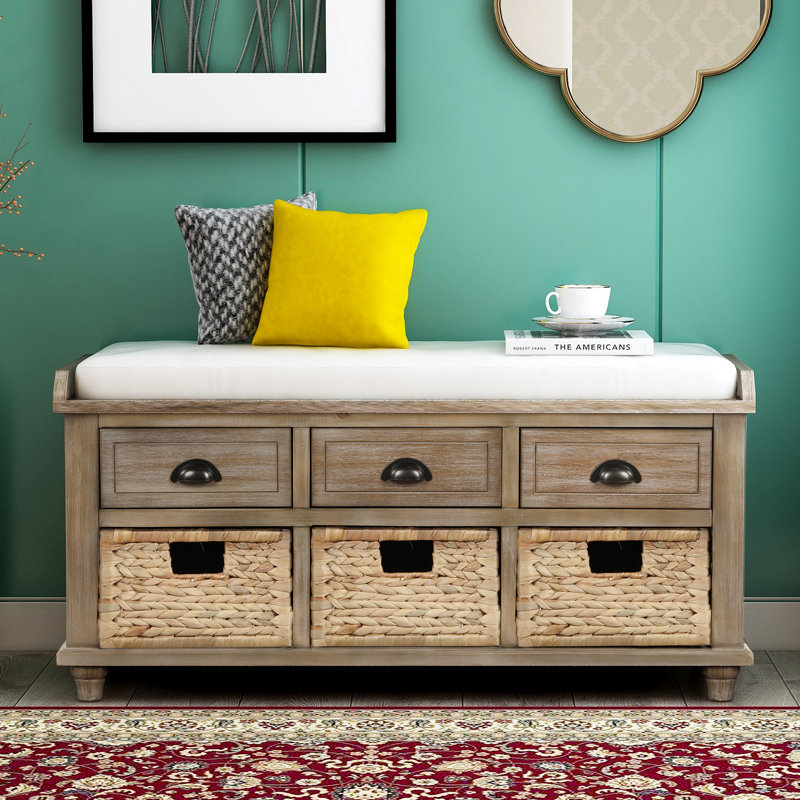 Javier Acacia Wood Upholstered Storage Bench with 3 Drawers and 3 Woven Baskets for Entryways, Bedrooms, or Living Spaces