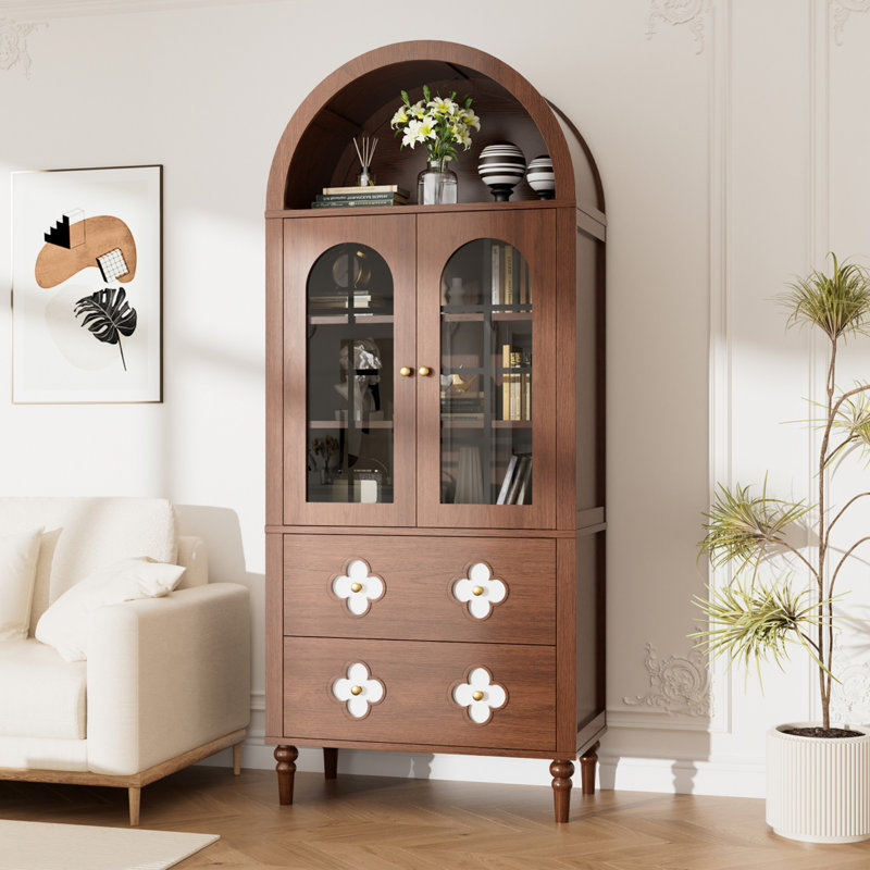 Arched Display Cabinet with Glass Doors, 4-Tier Storage Cupboard, Walnut