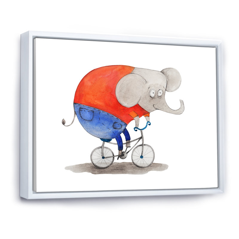 Adorable éléphant sur un vélo I - reproduction sur toile flottante, H 12 po x l 20 po x P 1 po, Cadre flottant blanc