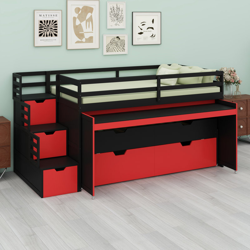 Lit mezzanine avec bureau coulissant, lit gigogne, tiroirs de rangement et marches Gaming & Workstation, Black+Red