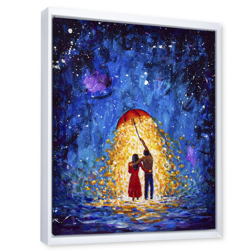Couple in Love Walks Under Glowing Umbrella - peinture sur toile, Cadre flottant blanc, H 40 po x l 30 po x 1,5 po