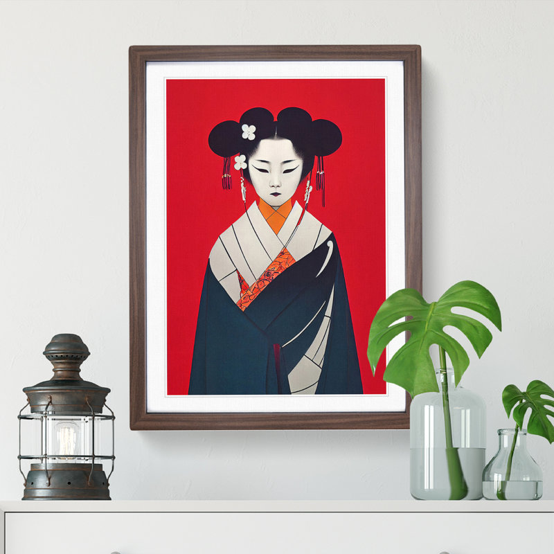Symmetrical Geisha No.2 - Single Picture Frame Painting, 64cm H x 46cm W x 2cm D, Walnut Framed