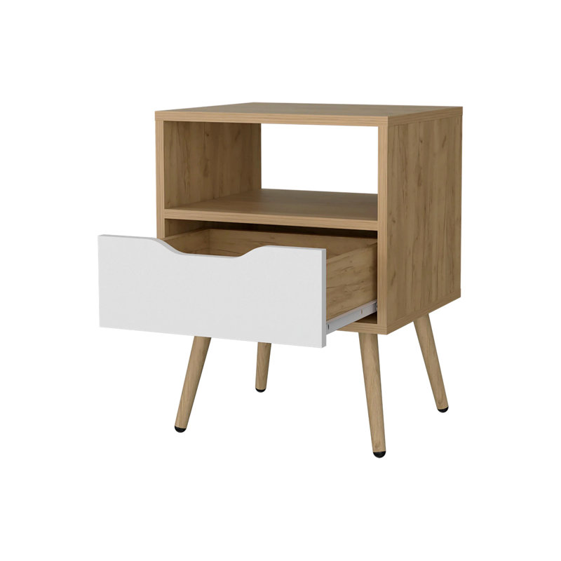 Table de chevet en chêne naturel et blanc avec rangement ouvert