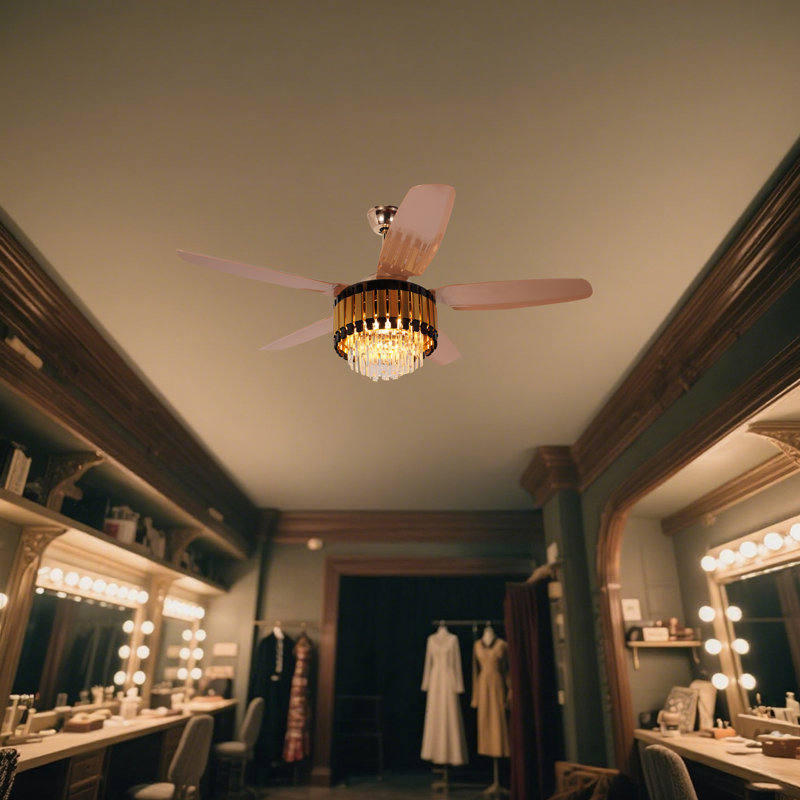 Ventilateur de plafond en cristal doré avec lumière DEL et télécommande, intensité variable 3 couleurs