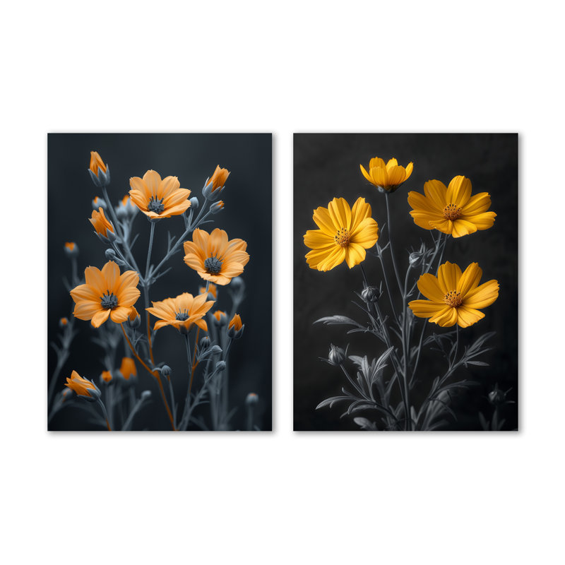Reproduction murale 2 pièces en métal monochrome jaune et gris Grace II - botanique, 32" H x 48" W